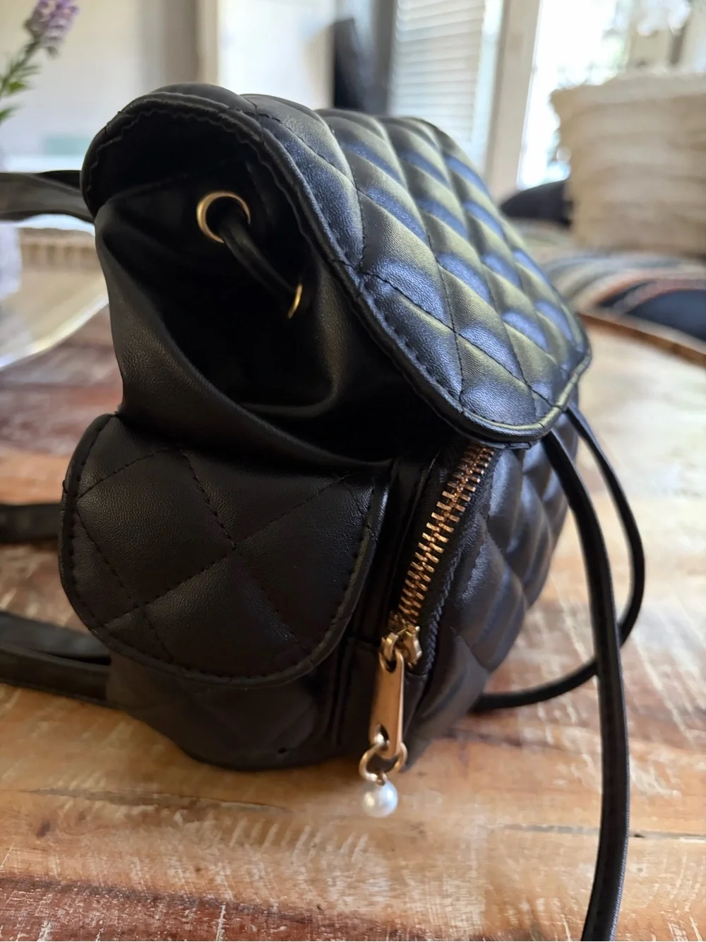 Claire's Quilted Black Mini Backpack with Pearl Charm